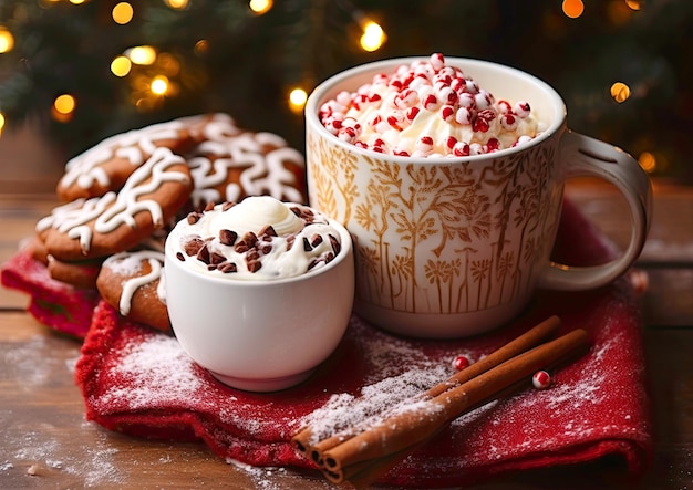 A cup of hot chocolate with marshmallows on a New Year's table on a gray background