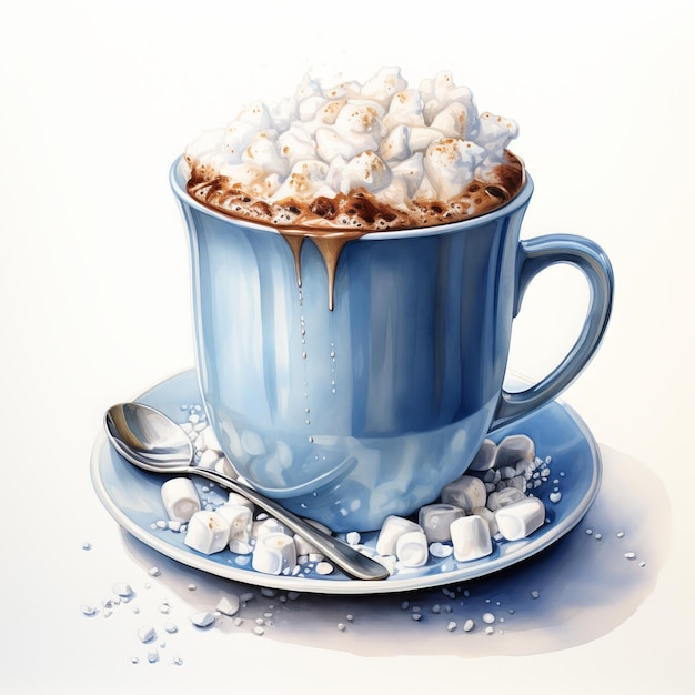 Cup of hot chocolate with marshmallows on white background