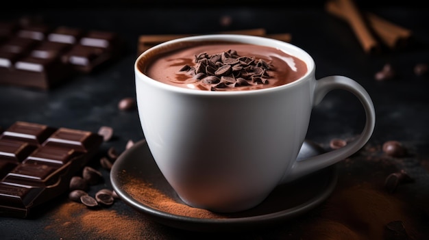 Cup of hot chocolate with milk and chocolate pieces on dark background Generative AI