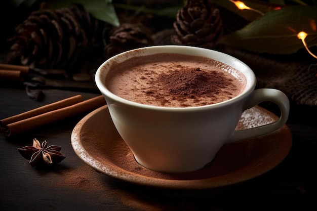 a cup of hot chocolate with a spoon on a plate.