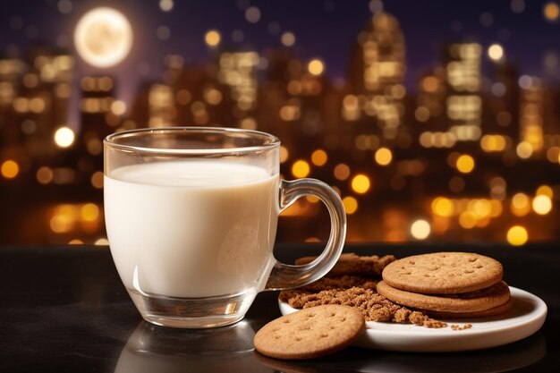 Foto una tazza di cioccolato caldo con la vista delle luci notturne di una città