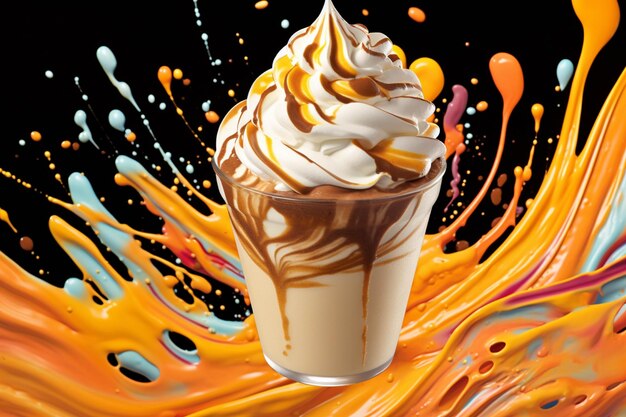 Cup of hot chocolate with whipped cream and caramel 3d illustration