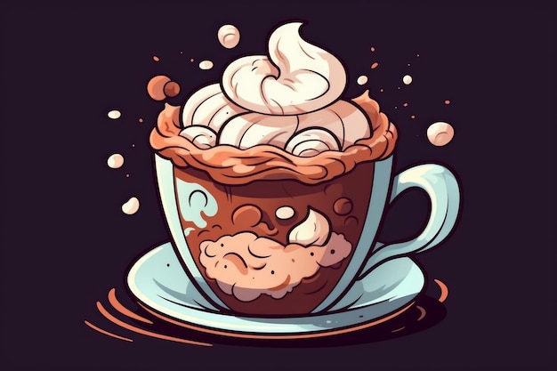 Cup of Hot Chocolate with Whipped Cream in cartoon style AI generated