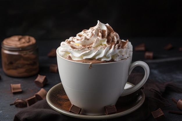 A cup of hot chocolate with whipped cream and chocolate pieces.