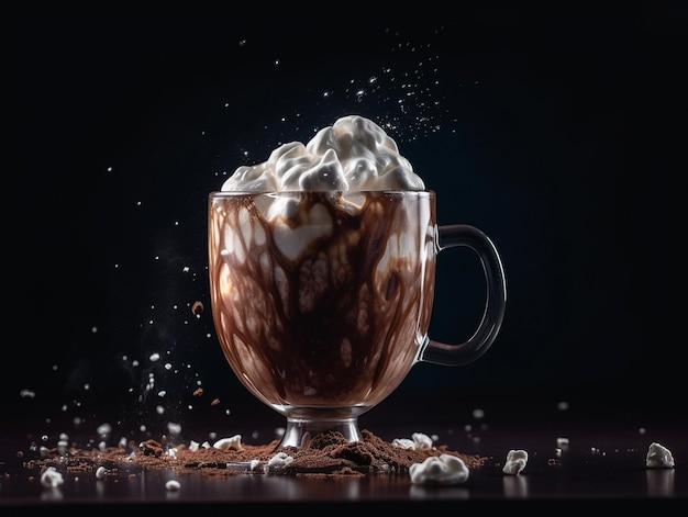 A cup of hot chocolate with whipped cream and chocolate sprinkled on top.