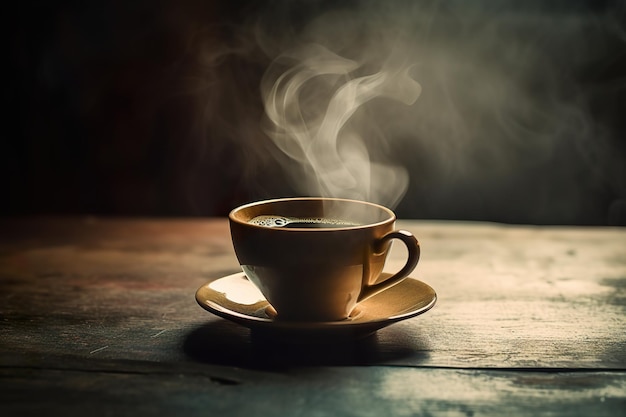 Cup of hot coffe on rustic wooden background generative ai