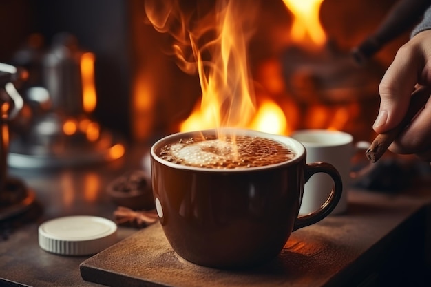 Чашка горячего кофе в зернах уютное кафе вечерняя релаксация спокойный вкусный напиток какао латте капучино американо