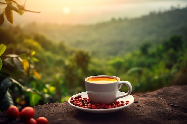 Cup of hot coffee and coffee beans on background of coffee plantation Generative Ai