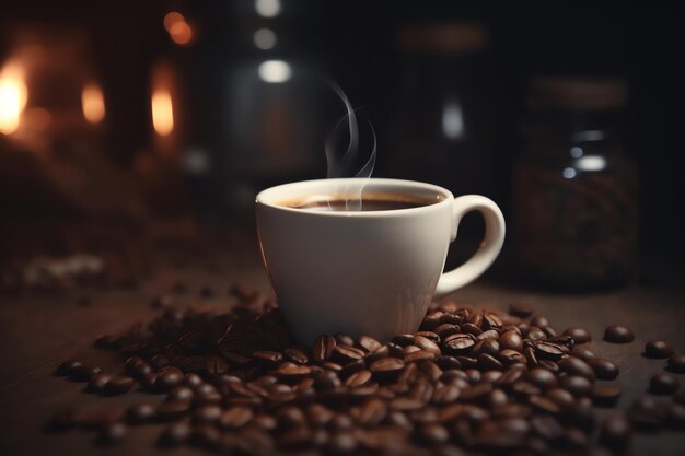 Cup of hot coffee and coffee beans dynamic background