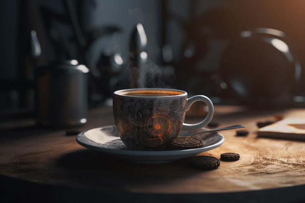 Cup of hot coffee and coffee beans dynamic background