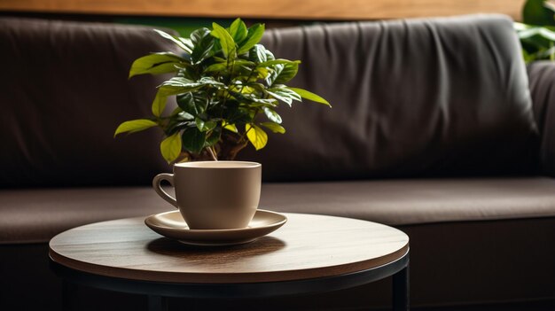 cup of hot coffee in a cozy living room