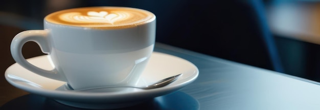 暗い背景の熱いコーヒーのカップ ⁇ コピースペース付きのウェブサイトのヘッダーデザインのための長い写真バナー