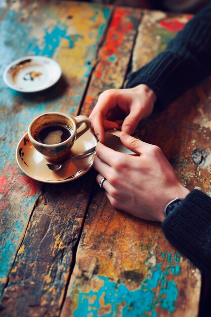 cup of hot coffee in hands Selective focus