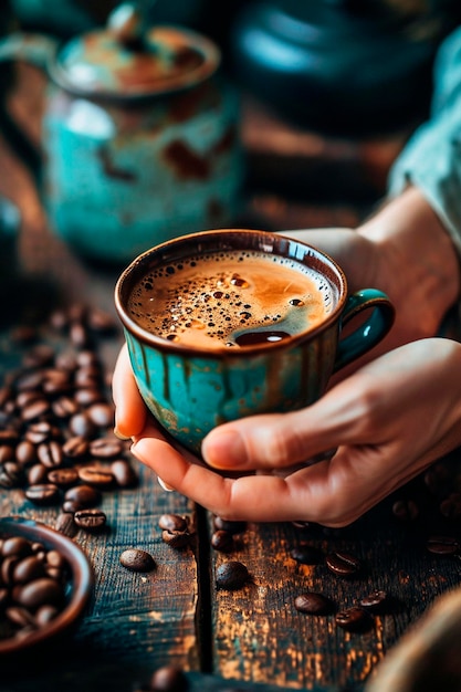 cup of hot coffee in hands Selective focus