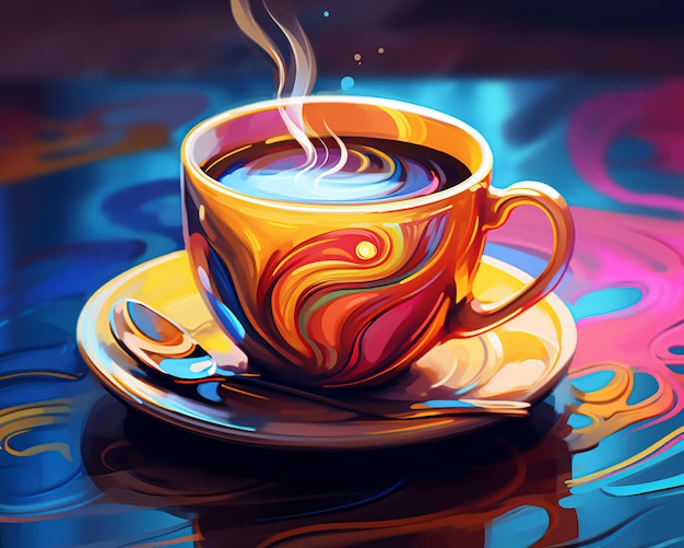 A cup of hot coffee illustrations psychedelic surrealism focus stacking drink photography