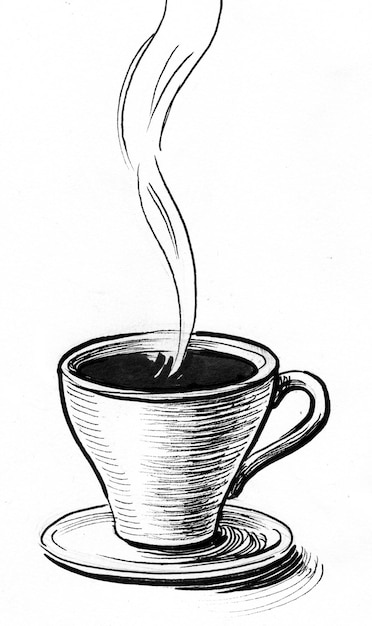 Cup of hot coffee. Ink black and white drawing