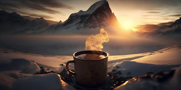 cup of hot coffee in the middle of the snowy mountains