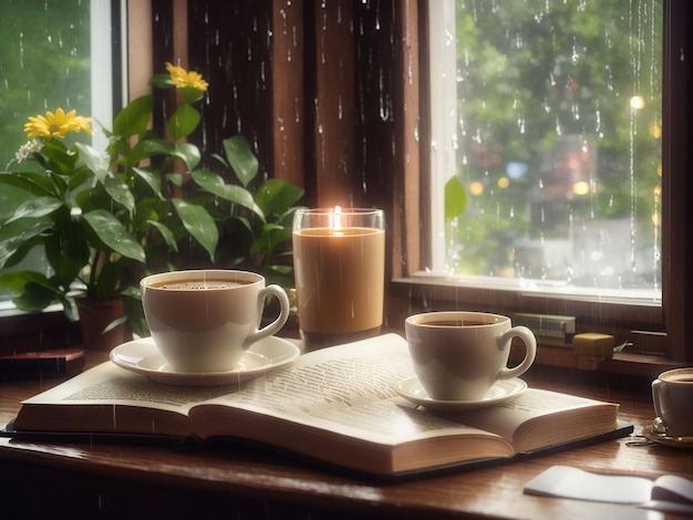 cup of hot coffee and opened book and rain outside beautifully made with Generative AI