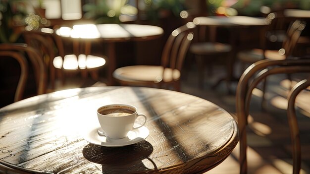 빛과 그림자를 가진 세련된 카페에서 테이블 위에 뜨거운 커피 한 잔