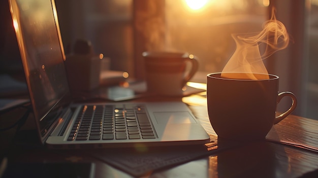 A cup of hot coffee on the table with a laptop in the morning