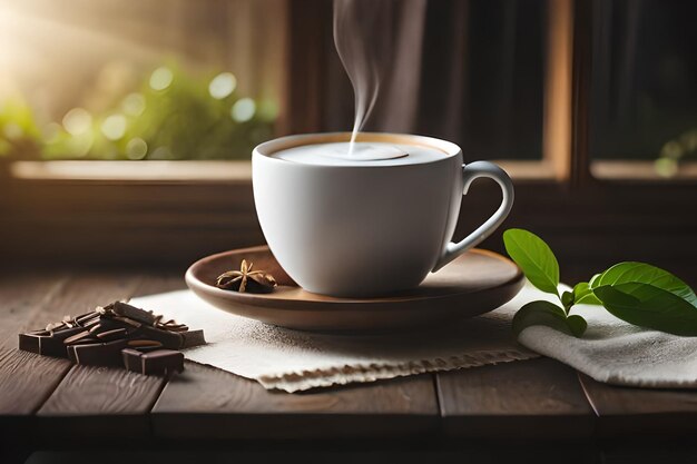 a cup of hot coffee on a table with a plant and a book.