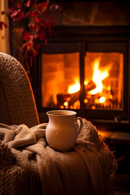 Foto una tazza di caffè o tè caldo su un tavolo vicino al camino