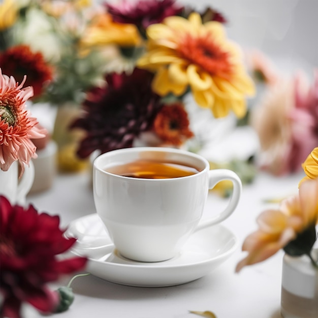 A Cup of Hot Coffee on a White Table Colorful and Beautiful