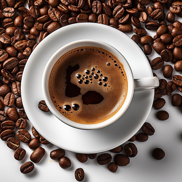 cup of hot coffee on a white table with a few coffee beans around it