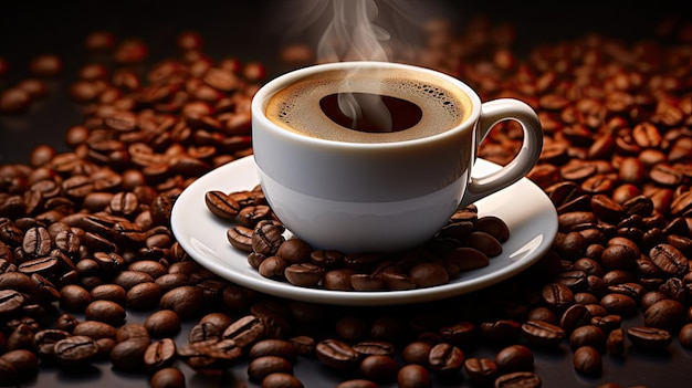 cup of hot coffee on a white table with a few coffee beans around it