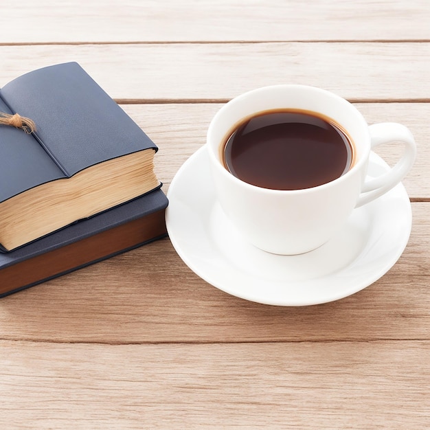 Cup of hot coffee with book on wooden background