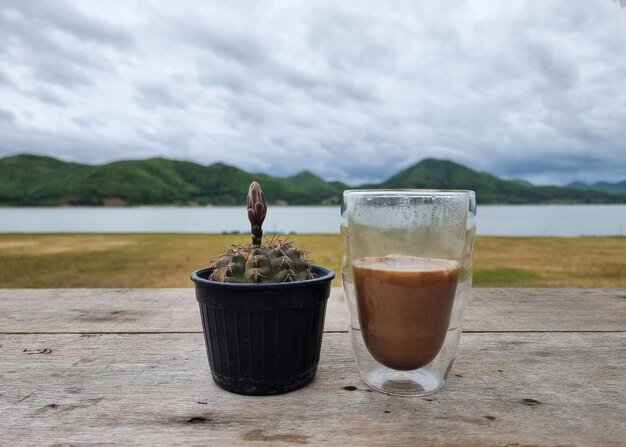 A cup of hot coffee with a cactus on the blurred background of a mountain and the reservoir