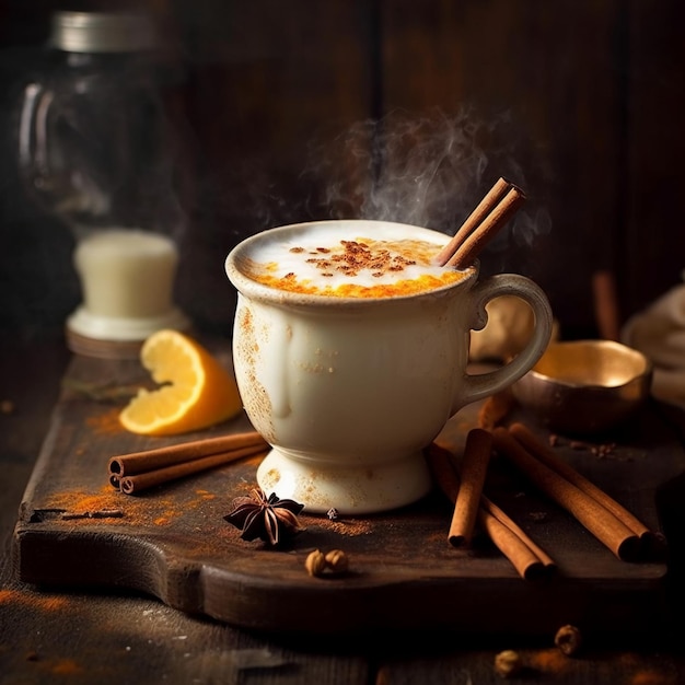 A cup of hot coffee with cinnamon sticks and a cup of hot coffee.