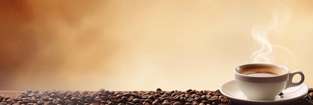Cup of hot coffee with coffee beans on brown background Long photo banner for website copy space