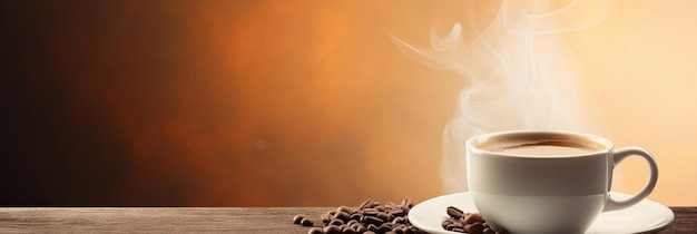 Cup of hot coffee with coffee beans on brown background Long photo banner for website copy space