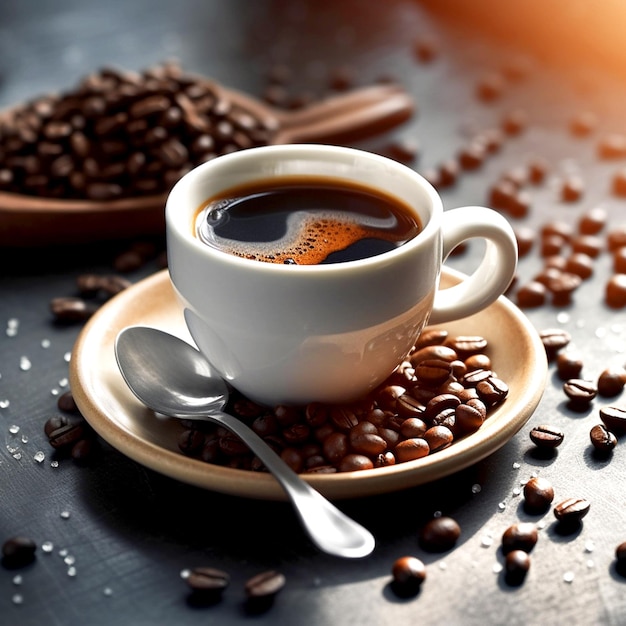 Cup of hot coffee with coffee beans in the dark background