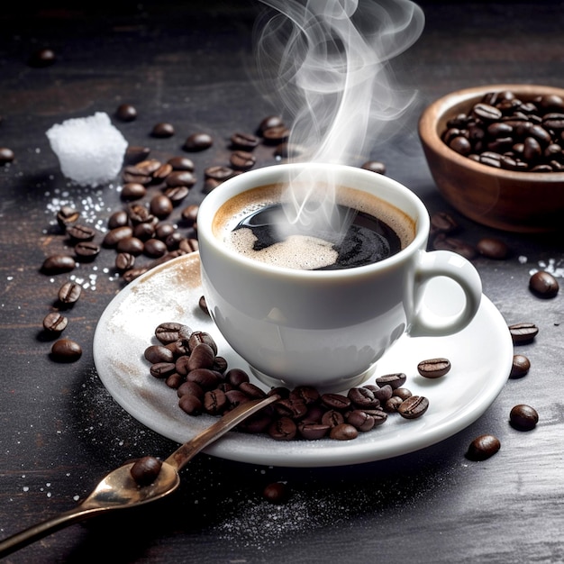 Cup of hot coffee with coffee beans
