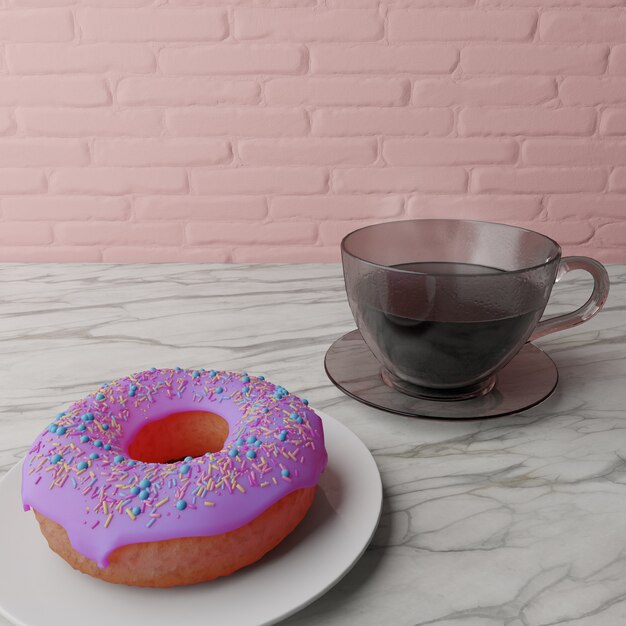 A cup of hot coffee with donut in white plate, 3d rendering