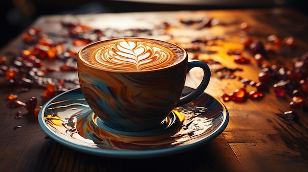 Photo cup of hot coffee with latte art on wooden table