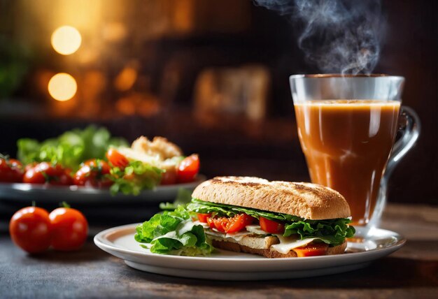 Foto una tazza di caffè caldo con un panino.