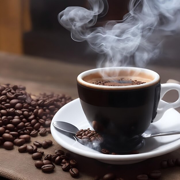Photo a cup of hot coffee with smoke and beans in flore ai image