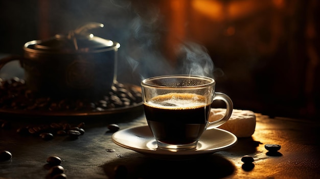 Cup of hot coffee with smoke on wooden table on blurred background Al generated