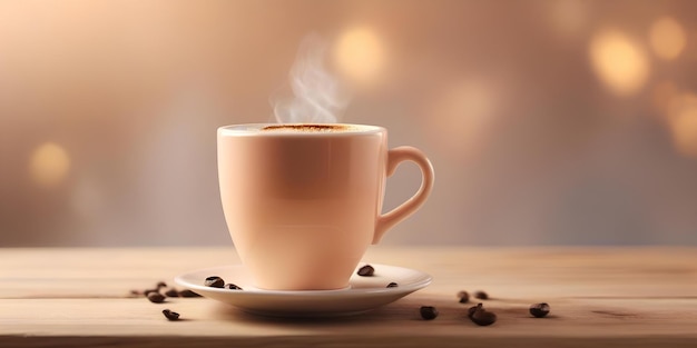 Cup of hot coffee on wooden table against bokeh background Commercial promotional food photo