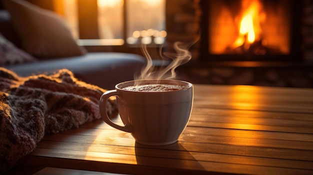 Foto una tazza di caffè caldo su un tavolo di legno con un camino immagine generata dall'ia