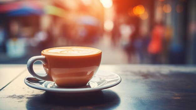 Cup of hot coffee on wooden table