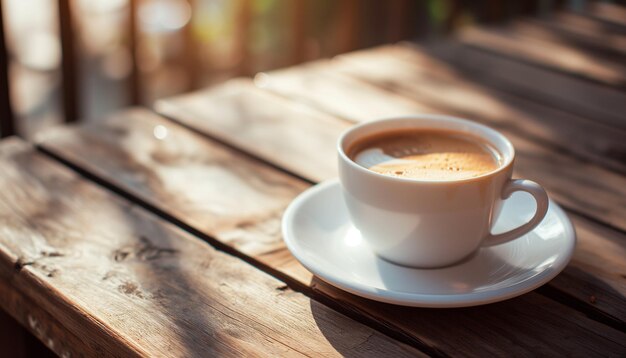 Cup of hot coffee on wooden table