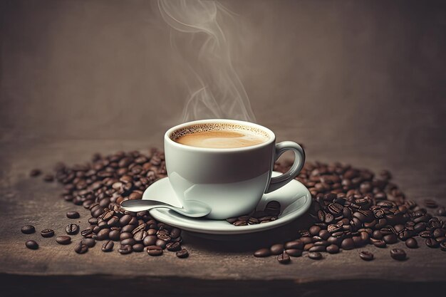 Cup of hot coffee on wooden table