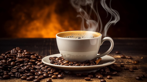 Cup of hot delicious coffee and coffee beans on background of picturesque coffee plantation