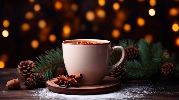 A cup of hot drink on a Christmas background Generative AI Drink