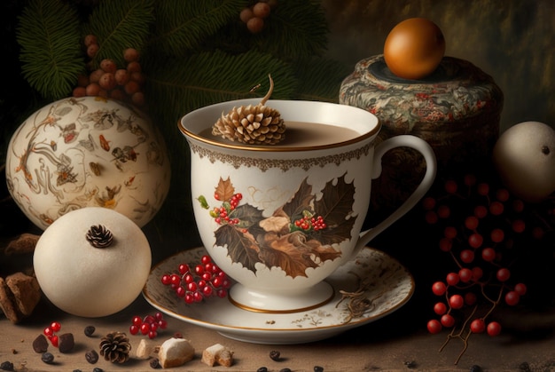 A cup of hot drink coffee or hot cocoa in christmas theme decoration background Celebration holiday concept