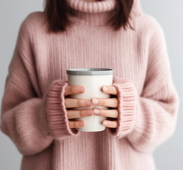 A cup of hot drink in the hands of a young woman A girl in the park holds two cups o Generative AI